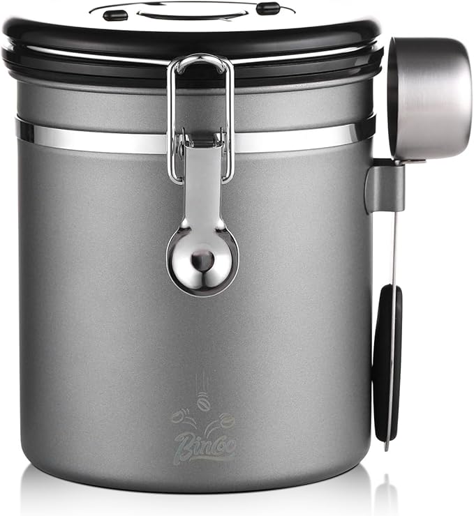Bincoo Premium Grey Coffee Canister, 1500ml/18oz Large Airtight Stainless Steel Coffee Bean Storage Container with Date Tracker & Scoop (1500ML-Grey)