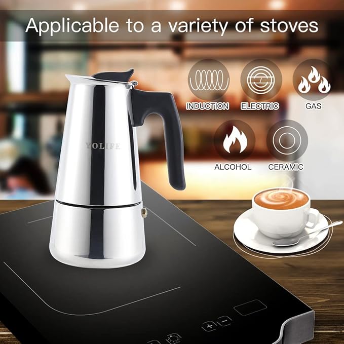 YOLIFE Stovetop Espresso Coffee Maker, Induction Stainless Steel Italian Moka Pot, Pressure Heat Cooking Coffee for Italian Espresso, Cappuccino and Latte, 300ml / 10oz / 6 Espresso Cup (1 Cup=50ml)