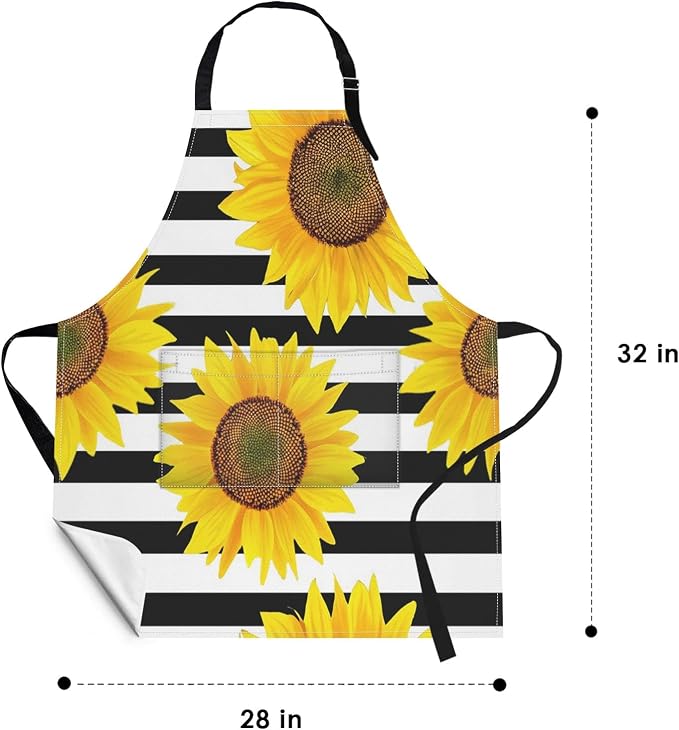 Britimes Apron with Pockets, 32x28 inch, for Women Men, Black White Flower | Sunflowers Striped Waterproof Adjustable Bib Aprons for Kitchen Cooking Baking Painting Gardening - Image 2