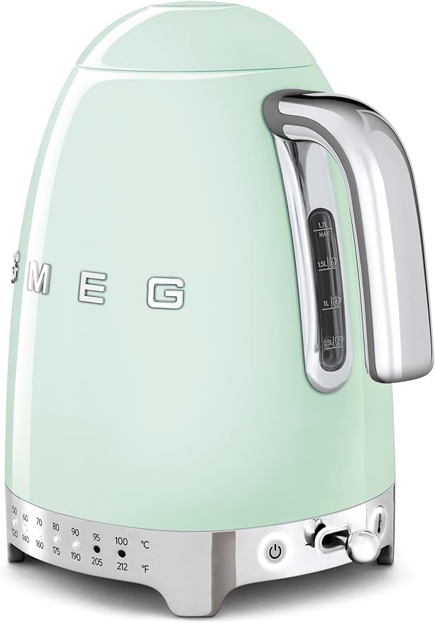 SMEG 7-Cup Variable Temperature Electric Kettle - Retro Style Aesthetic with Advanced Technology - Stainless Steel, 1400W, 120V, 360° Swivel Base, Keep Warm Function (Pastel Green)