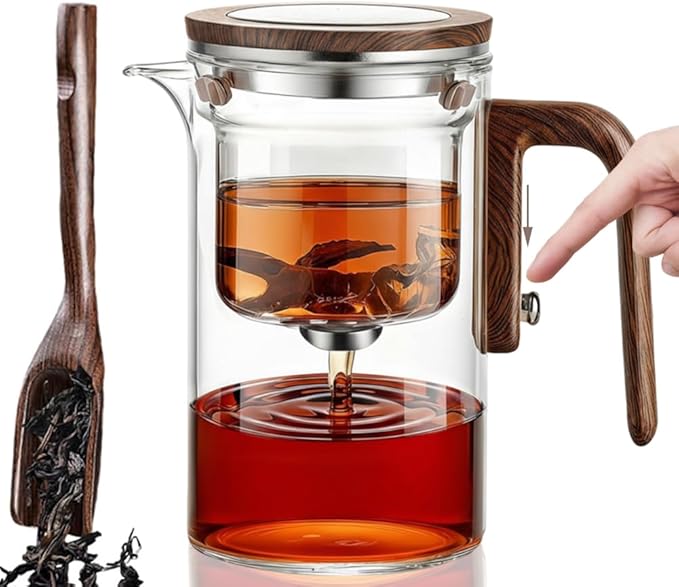 Tea Pot, Water Separation Glass Teapot with Wooden Handle, Magical Teapot, Glass Tea pot with Infuser Strainer, Magic Tea Pot (600ml)