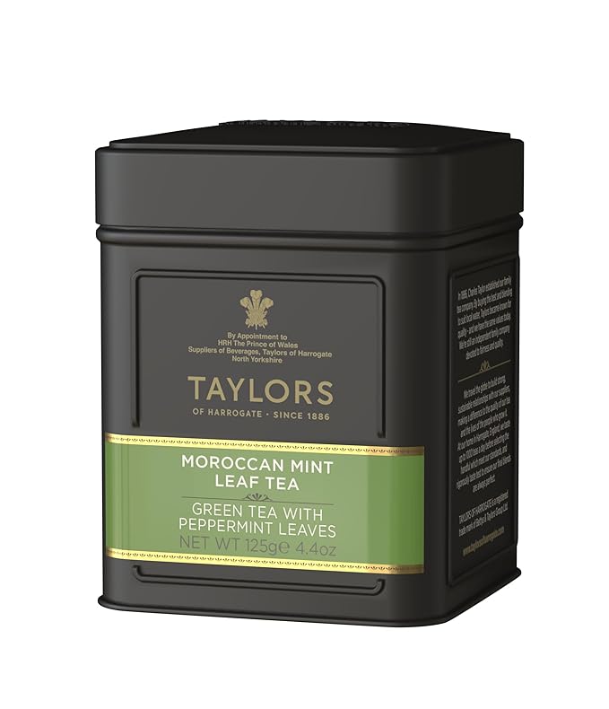 Taylors of Harrogate Moroccan Mint, Green Tea, Loose Leaf, 4.41 Ounce Tin Caddy, Fresh, Light, and Lively, Caffeinated, Premium Whole Leaf Tea
