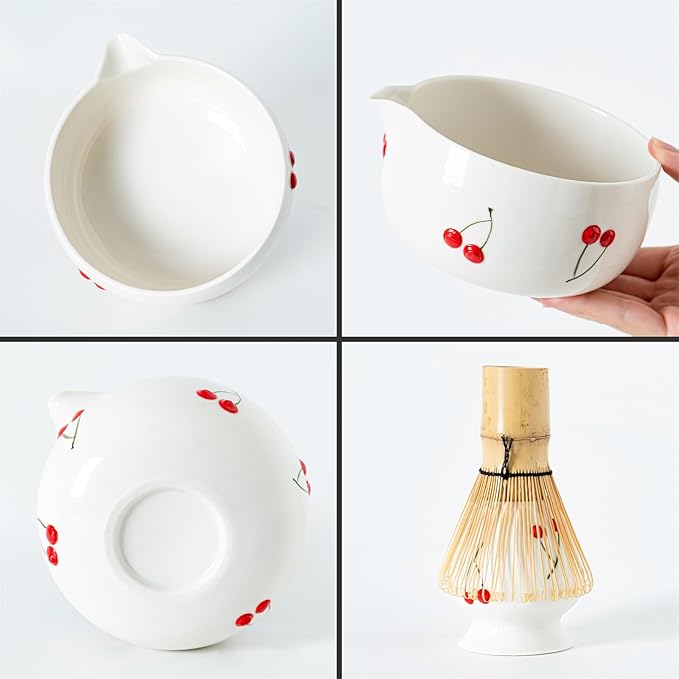 Red Cherries Matcha Whisk Set with Matcha Bowl, Bamboo Whisk, Scoop, and Ceramic Holder, Hand-Painted Cute Matcha Set for Matcha Lovers & Tea Ceremony