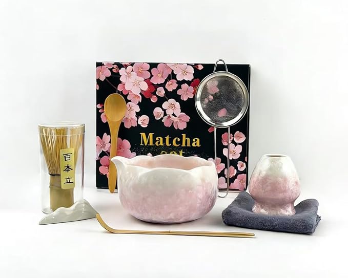 Matcha Set, 8Pcs Crystalline Glaze Ceramic Matcha Kit with Matcha Whisk, Holder, Scoop, Scoop Rest, Sifter, Spoon and Tea Towel - Thoughtful Matcha Whisk Set Gift for Matcha Lovers (Pink)