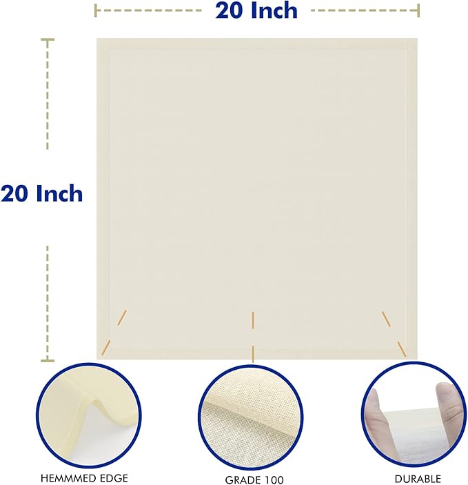 10 PCS Reusable Cheesecloth, Grade 100, 20x20 Inch Hemmed Cheese Cloth for Straining Craft, 100% Cotton Unbleached Cloth Strainer for Cooking, Baking, Juicing, Cheese Making