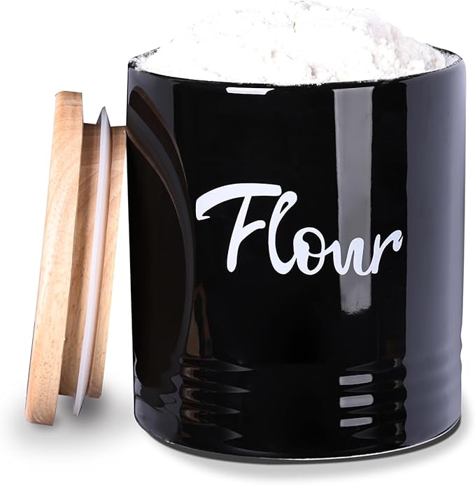 LEETOYI Porcelain Food Storage Containers with Lid, 4.5 Inch 31oz, Black Labeled Flour