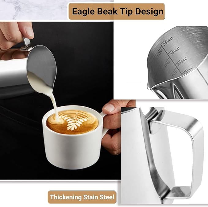 Milk Frothing Pitcher, 350ml/12oz Milk Frother Cup Stainless Steel Jug Steaming Pitcher, Milk Coffee Cappuccino Latte Art Barista Steam Pitchers Milk Jug Cup with Decorating Pen
