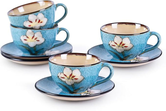 8 Oz Floral Porcelain Cappuccino Cups with Saucers Set of 4, Stoneware Tea Coffee Mugs for Home Kitchen & Office, Dishwasher Microwave Oven Safe, for Espresso, Latte, Americano, Milk & Tea, Blue