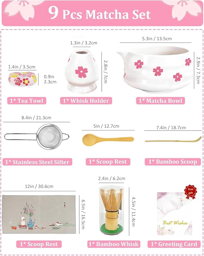 8Pcs Cute Ceramic Matcha Set with Whisk Bowl, Matcha Tea Kit Holder, Bamboo Scoop, Sifter, Towel Included, Valentine's Mother's Day Gift for Matcha Lover Women (White Sakura)