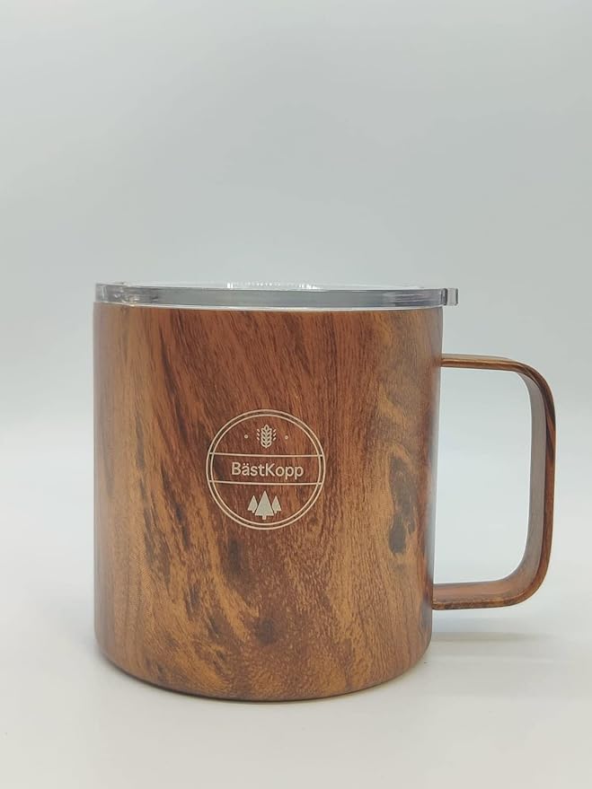 14 OZ Vacuum Insulated Double Wall 18/8 Stainless Steel Coffee Cup Tumbler, Mug, Beautiful Wood Design, With Durable Lid