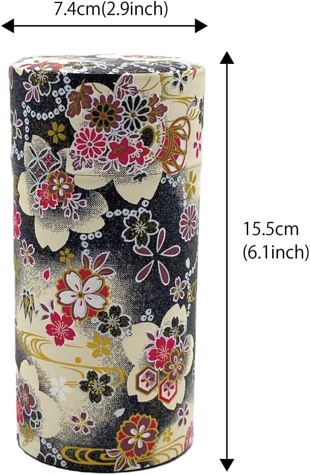 Japanese Tea Canister Tin Hanatsudumi(Flower Drum) DarkBlue black/Double Lid/Japanese Washi Paper Pasted /200g Tea Capacity/Loose Leaf Tea Storage/Storage Container with Lid