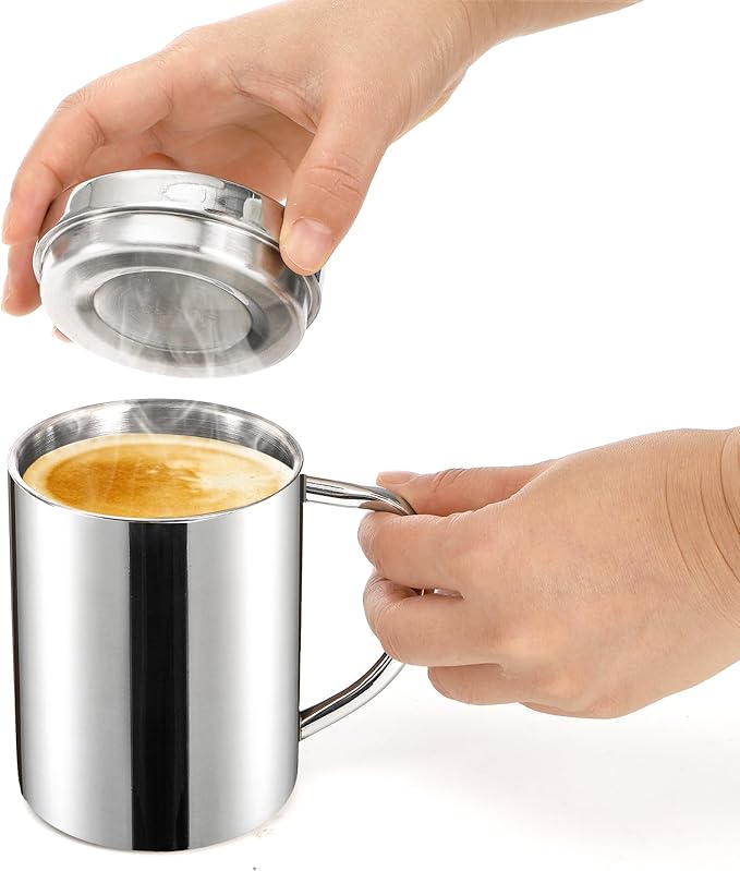 Yesland 2 Pack 13.5 oz Stainless Steel Double-Walled Metal Mugs, Insulated Coffee Cup with Lid and Handle, Thermal Camping Mugs for Coffee, Milk, Juice, Tea and Cold or Hot Drinks