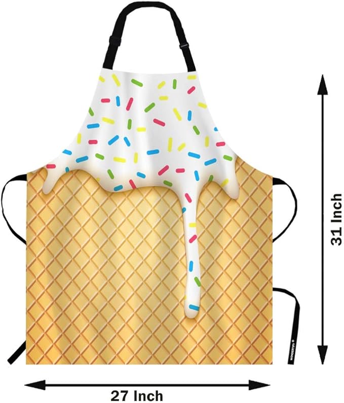 WONDERTIFY Ice Cream Apron,Cartoon Ice Cream Cone with Dripping White Glaze and Wafer Texture Bib Apron with Adjustable Neck for Men Women,Suitable for Home Kitchen Cooking Waitress Chef Grill Apron