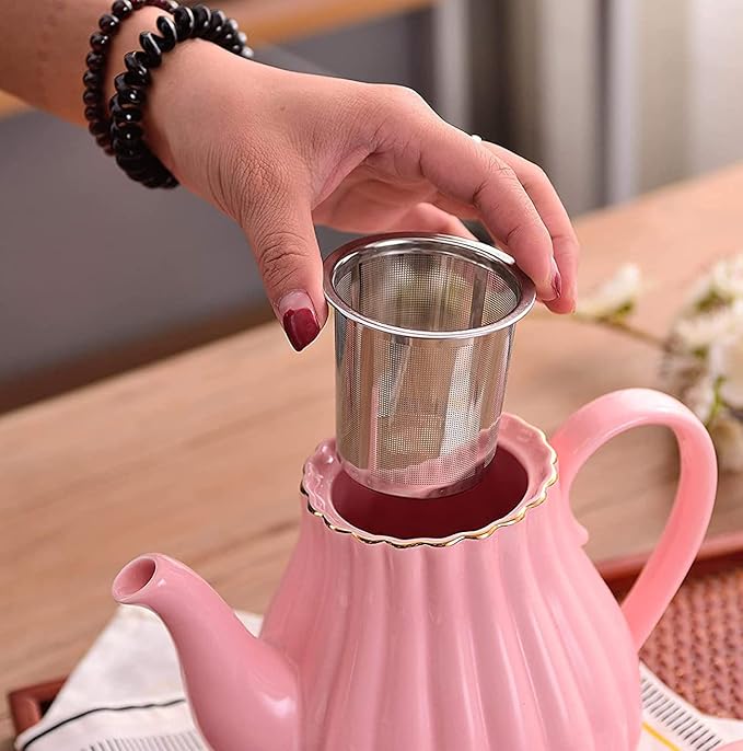 YBK Tech Strengthen Porcelain Teapot, 31oz Coffee Pot Ceramic Teapot- Stripe Design (Pink)