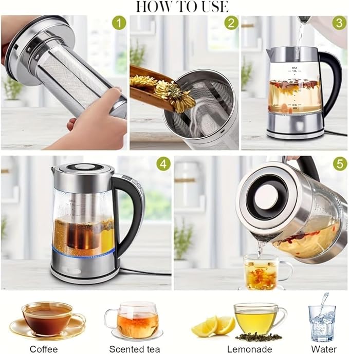 Electric Kettle with Temperature Control for Tea and Coffee, 1.8L 1500W, Keep Warm - Removable Infuser, Glass Tea Kettle Hot Water Boiler, BPA Free, Auto Shut Off, Boil-Dry Protection, Stainless Steel