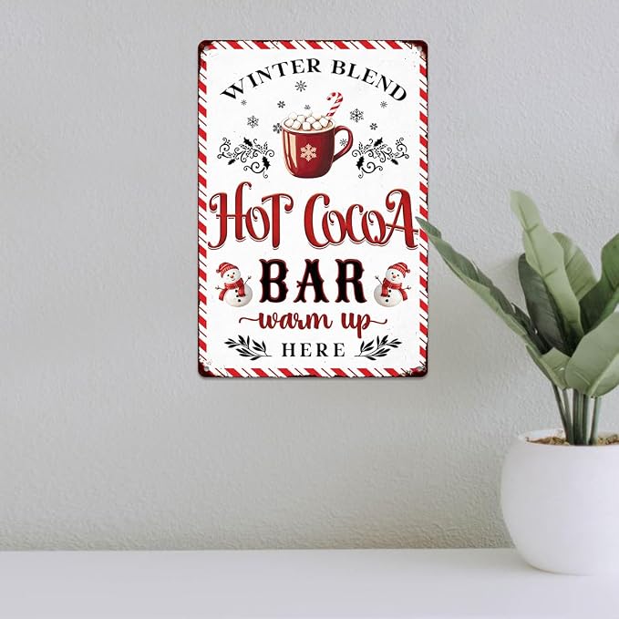 Christmas Signs Home Decor Vintage Art Poster Metal Hanging Plaque Kitchen Cafe Bar Farmhouse Porch Yard Outdoor Indoor Decorations Funny Xmas Gift 8X12 Inch (Hot Cocoa Bar Sign) - Image 5