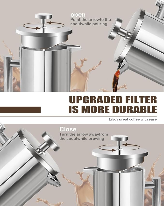 French Press Coffee Maker,304 Stainless Steel Coffee Press with scale lines and 2 Extra Filters for Kitchen & Camping (Silver, 50 OZ) 1.5 Litre