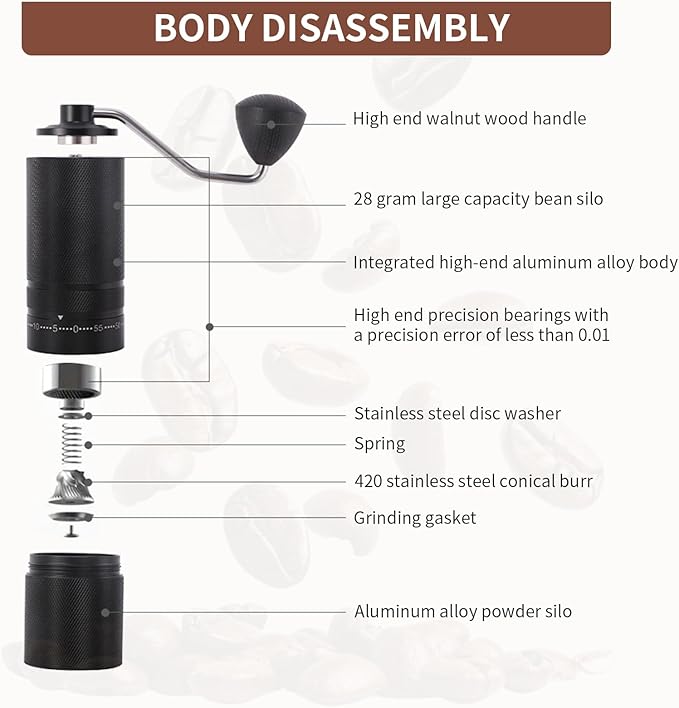 Manual Coffee Grinder with Adjustable Grind Settings, Brush, and Stainless Steel Portafilter (Black)