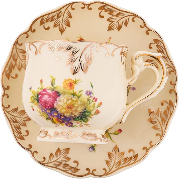 Tea Cups and Saucers Set of 2, 8 Oz Ivory Floral Porcelain Teacup and Saucer Set with Gold Trim, Vintage Tea Cups with Spoon, European Style (Colorful Floral)