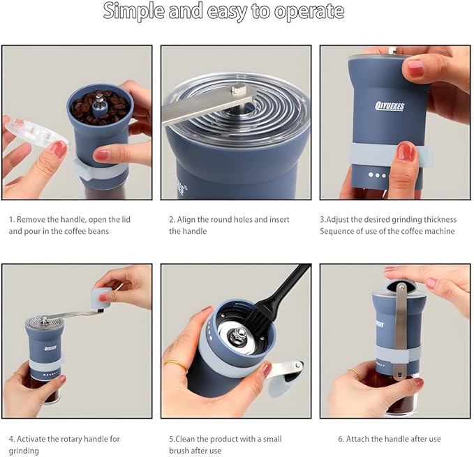 Portable Manual Coffee Grinder with Conical Burr and Adjustable 6 Coarseness Settings, Hand Crank Bean Mill for Camping, Hiking and Travel Use