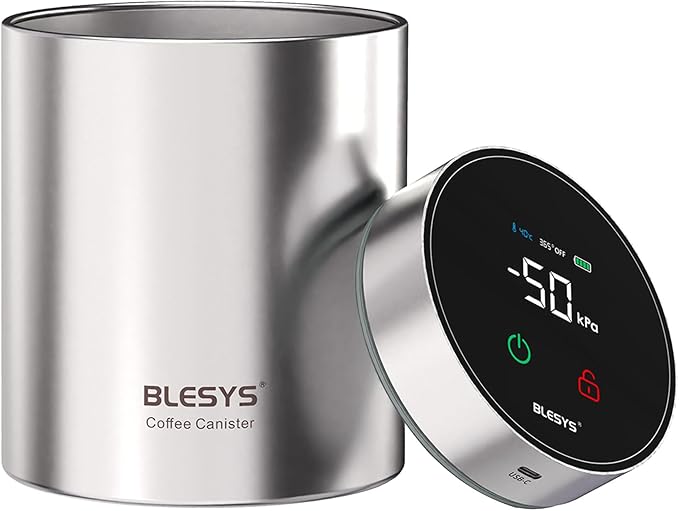 Smart Vacuum Coffee Canister, Automatic Stainless Steel Food Storage Container, LCD Monitoring, One-touch Freshness, Date Tracker, Extra-long Standby Time, Holds 16 oz Coffee Beans (Silver, 1.3L)
