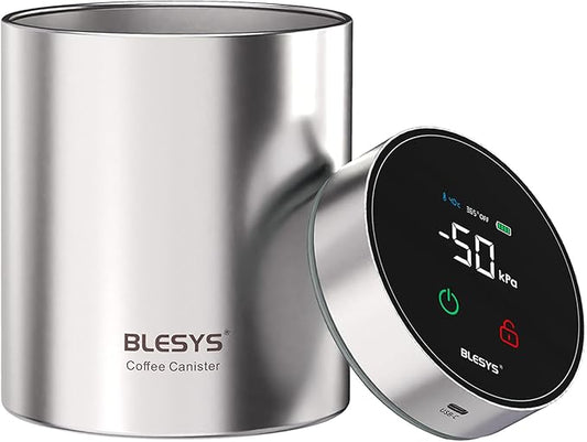 Smart Vacuum Coffee Canister, Automatic Stainless Steel Food Storage Container, LCD Monitoring, One-touch Freshness, Date Tracker, Extra-long Standby Time, Holds 16 oz Coffee Beans (Silver, 1.3L)