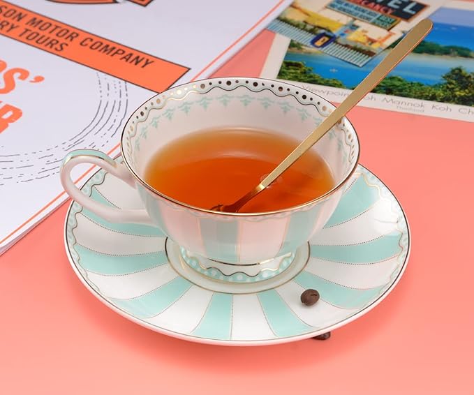Bone China Tea Cup Set with Saucer Spoon - 3 Piece Set (7oz) - Cappuccino & Latte Cups - Mother's Day Gift