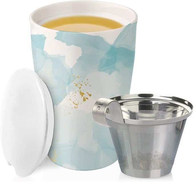 Tea Forte Double-Walled Ceramic Kati Cup, Removable Stainless Steel Infuser Basket and Lid, Steeps 12 oz Loose Leaf Tea, Dishwasher & Microwave Safe, Wellbeing (Blue/Gold)