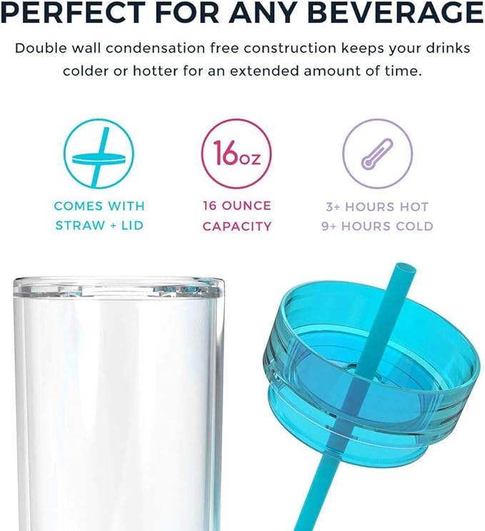 Maars Skinny Clear Tumbler with Lid and Straw | 16oz Premium Acrylic, Insulated Double Wall Plastic Reusable Water Cups, BPA-Free To Go Cups for Iced Coffee, Juice & Ice Tea