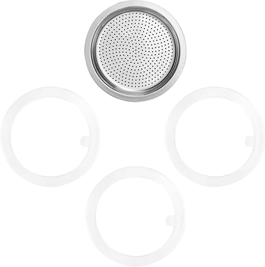 wedrink 1 Filter and 3 Silicone Gasket Seals Replacement for Stainless Steel Moka Pot and Stovetop Espresso Coffee Maker(6 Cup)