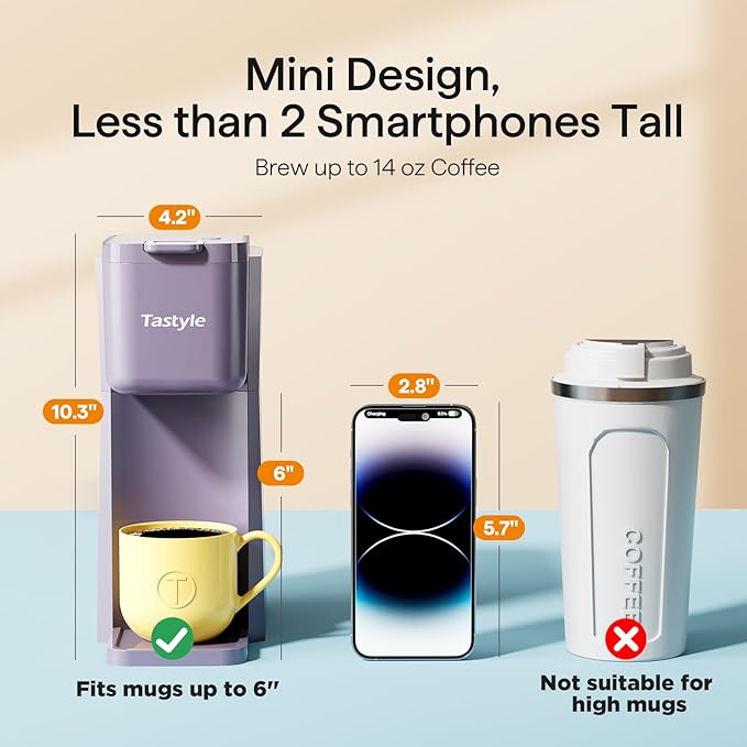 Mini Hot and Iced Coffee Maker Single Serve, for K Cup and Ground, 6 to 14 Oz Brew Sizes, with Recipe Book, for Home, Travel, RV, Office and Dorm, Violet
