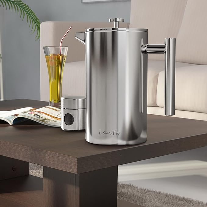 LANTE French Press, 600ml Double Insulated 304 Stainless Steel Coffee Tea Maker 4 Level Filtration System, No Coffee Grounds, Rust-Free, Dishwasher Safe for Single Use