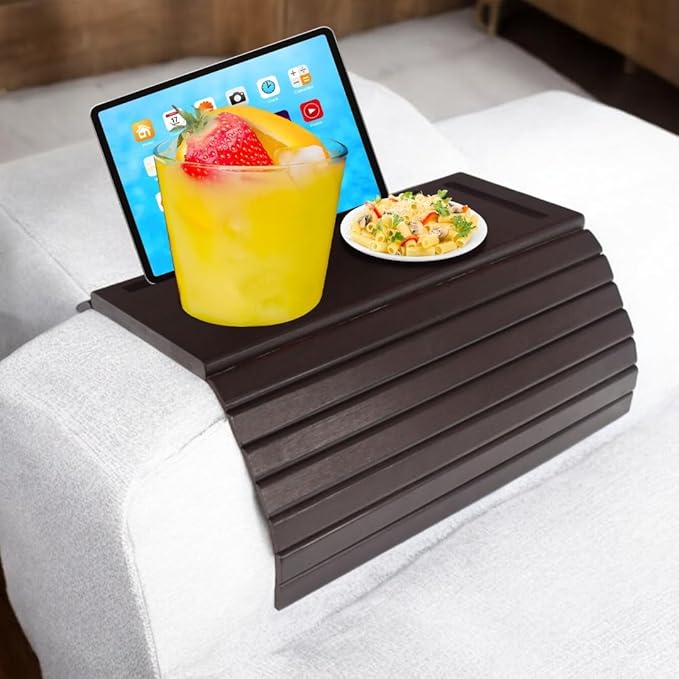 Bamboo Sofa Arm Tray, Couch Arm Table Caddy for Snacks, Drinks, Remote, Cups, Flexible & Foldable (Brown)