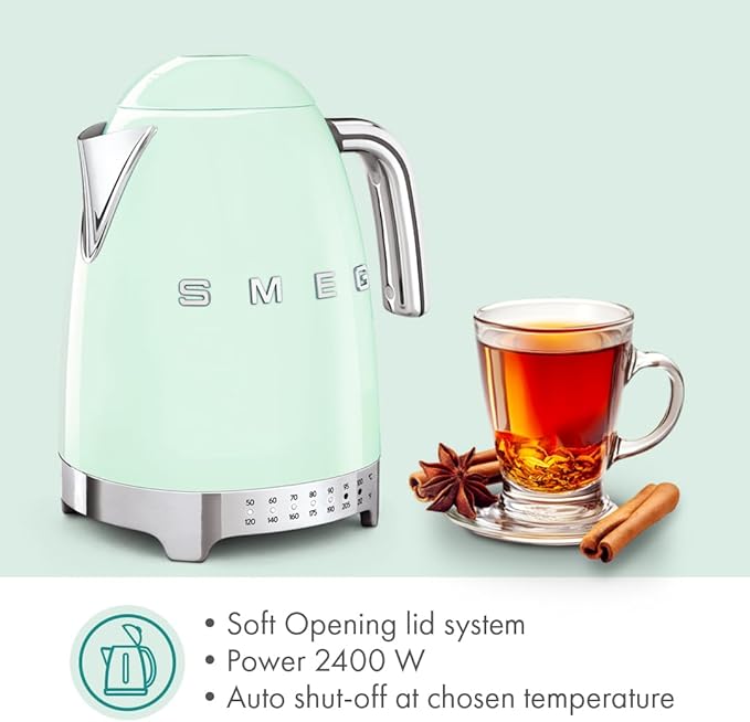 SMEG 7-Cup Variable Temperature Electric Kettle - Retro Style Aesthetic with Advanced Technology - Stainless Steel, 1400W, 120V, 360° Swivel Base, Keep Warm Function (Pastel Green)