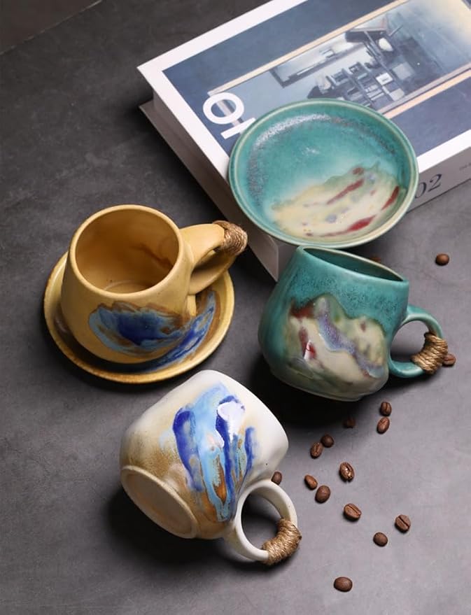 8oz Small Vintage Japanese Style Handmade Ceramic Tea Cup with Saucer , Lead-Free Cappuccino Mug, Artisanal Coffee Mug with saucer set,Handcrafted mug with handle, For Espresso, Latte(1, Light brown)