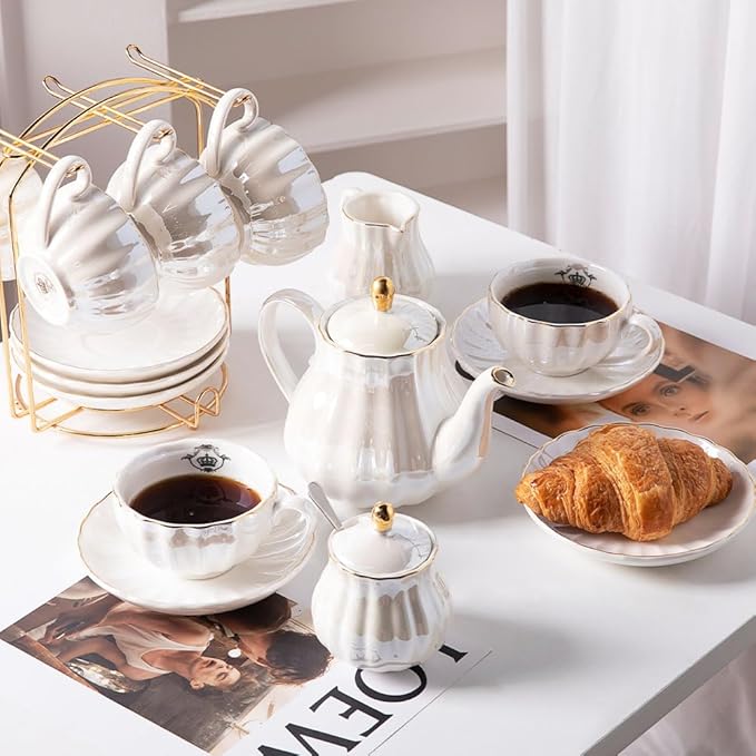 Sweejar Porcelain Tea Sets British Royal Series, 8 OZ Cups& Saucer Service for 6, with Teapot Sugar Bowl Cream Pitcher Teaspoons and tea strainer for Tea/Coffee (Coral White)