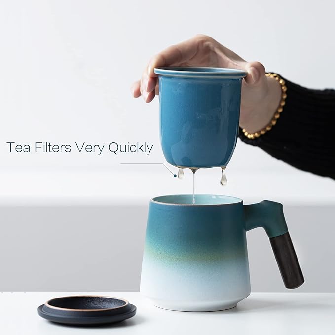 ZENS Tea Cup with Infuser and Lid, 12oz Gradient Blue Tea Mug for Loose Leaf Tea Steeper, Wood Handle Cup with Fine Mesh Tea Strainers Diffusers Accessories for Tea Lovers Gifts