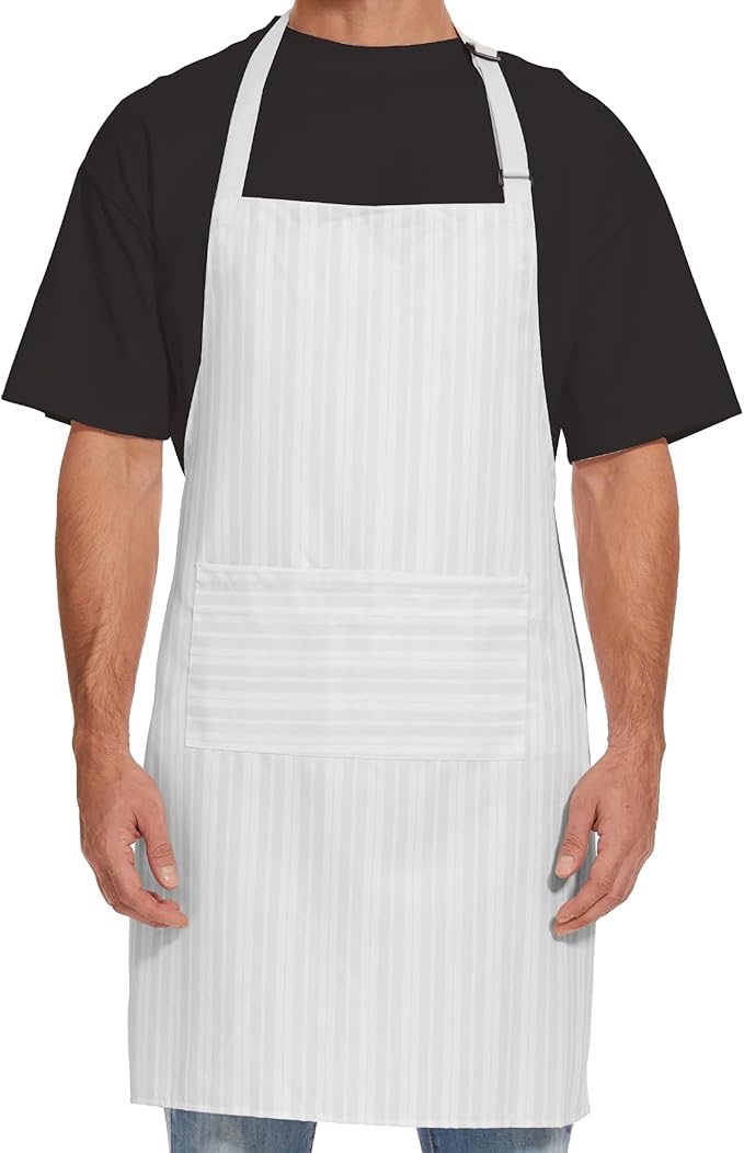Will Well Kitchen Apron for Men and Women - 33" x 27" Oil-and-Water-Resistant with Adjustable Neck Strap and 38" Waist Ties for a Snug Fit, Lightweight with 2 Front Pockets - 1-Pack, White Stripe | Unisex 33'' x 27'' Oil & Water Resistant Soft Kitchen ... by WillWell