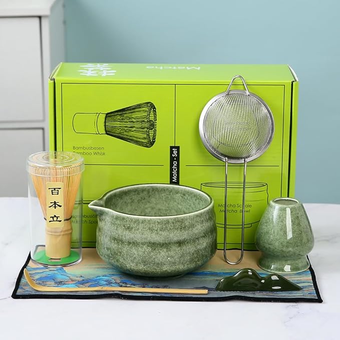 7pcs matcha whisk set - Matcha Bowl with Spout, 1 Matcha Whisk ，green matcha kit