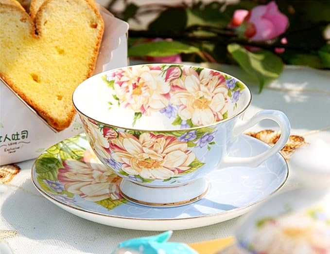 Vintage Ceramic Teacup, Elegant Coffee Cup with Spoon and Saucer Set, Fine Royal Bone China Tea Cups (Blue)