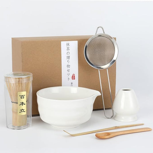 Matcha Whisk Set, 6 Pcs Matcha Set with Bamboo Matcha Scoop and Stainless Steel Sifter /Pouring Spout Ceramic Bowl/Matcha spoon/Matcha Whisk Holder, -19 oz Japanese Tea Ceremony Kit for Gifts (White)