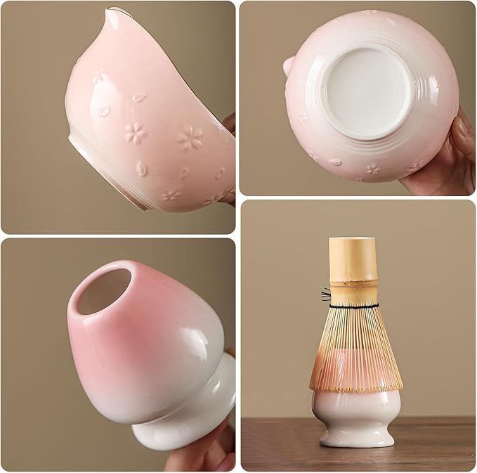 Clay&Fire Matcha Whisk Set, 9 pcs Ceramic Matcha Set, Gifts for Women,Matcha Bowl with Spout and Whisk, Matcha Kit for Matcha Lovers, Ideal Gift Christmas, Birthday, Anniversary (Cherry Bloom-Pink)