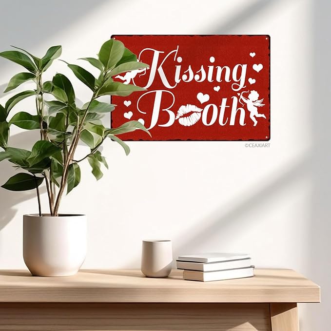 Kissing Booth Tin Sign Love Heart Pattern Metal Signs Valentine's Day Wall Art Decoration Home Farmhouse Bar Kitchen Cafe Living Room Coffee Corner White Day Decor Romantic Gift 12" x 8" - Image 5