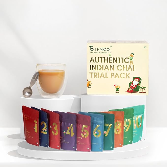 Teabox Advent Chai Trial Pack (Limited Edition) | 10 Authentic Indian Chai Blends x 30g Each | 12 Days of Advent Calendar | Real and Traditional Spices | 10.58 Oz Total
