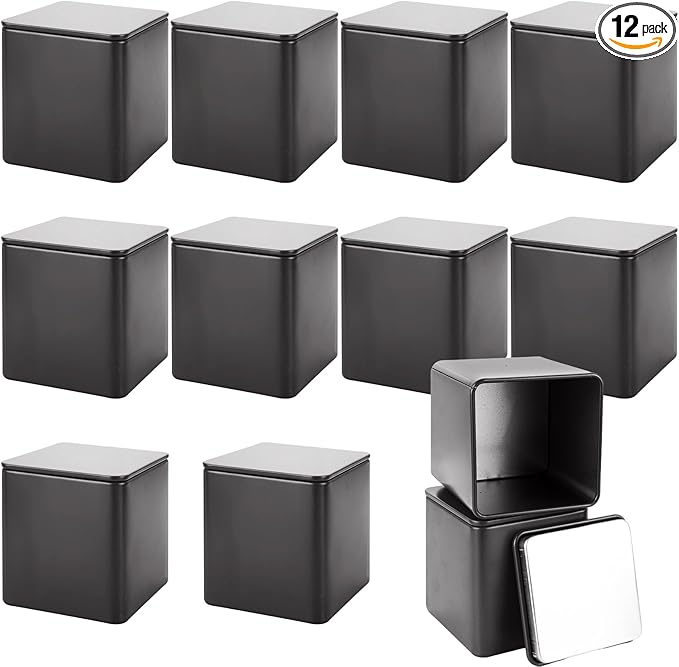 12 Pack Minimalist Black Square Metal Tea Tins, 3 Oz Loose Leaf Tea Storage Containers with Airtight Lids