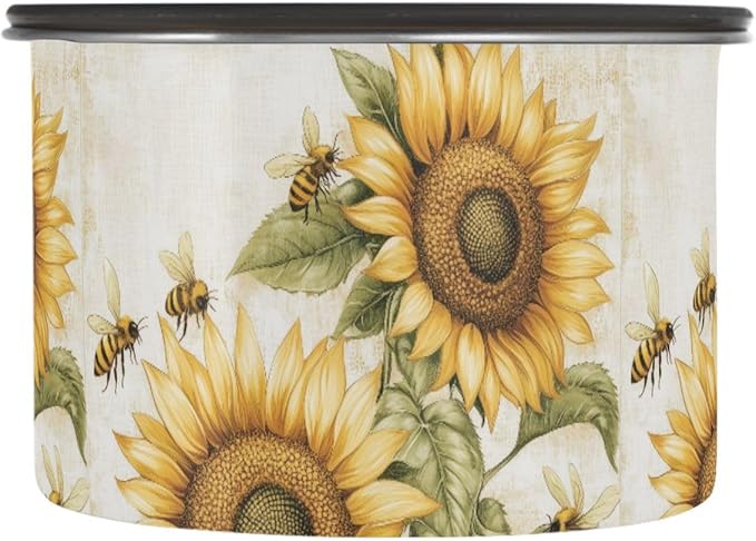 susiyo 30OZ Coffee Canister with Clear Airtight Lid Vintage Sunflowers Bees Stainless Steel Home Kitchen Food Storage Container Storage Jar for Beans Ground Sugar Tea Cereal