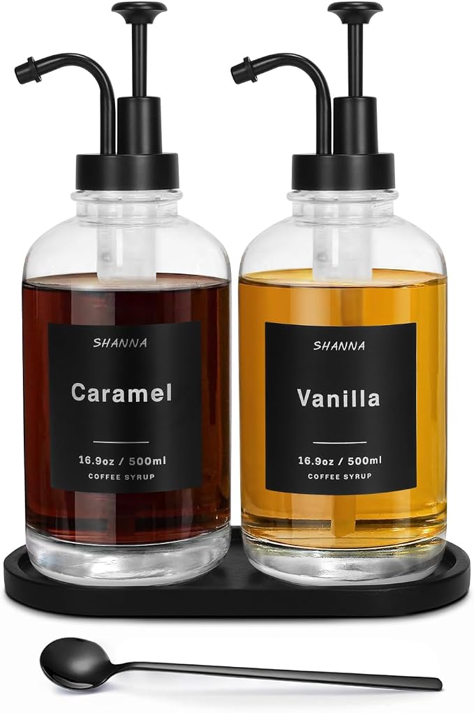 Glass Coffee Dispenser - 16.9oz, Black Scoop, 36 Labels, Bamboo Tray & Pump, 2-Pack by SHANNATOYS