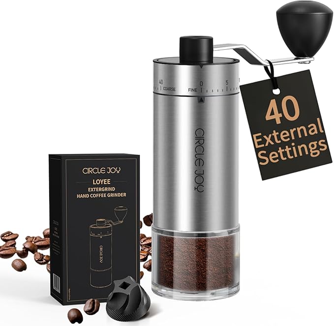 CIRCLE JOY Manual Coffee Grinder with 40 External Adjustable Settings and Ceramic Conical Burr, Portable Stainless Steel Hand Coffee Grinder for Camping, Travel and Espresso
