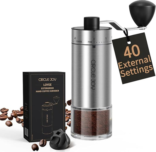 CIRCLE JOY Manual Coffee Grinder with 40 External Adjustable Settings and Ceramic Conical Burr, Portable Stainless Steel Hand Coffee Grinder for Camping, Travel and Espresso