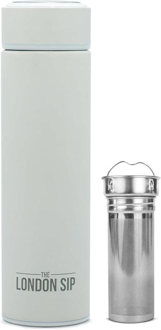 The London Sip 16.9 oz Multi-Purpose Tea Infuser Mug – Fruit Infuser Water Bottle for Hot and Cold – Double Wall Stainless Steel Insulated, Pearl White